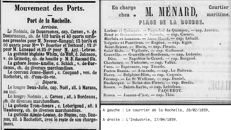 Le Courrier de La Rochelle 26-02-1859 et L'Industrie 17-04-1859.