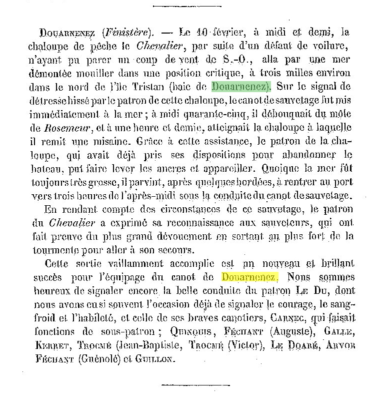 Extrait des Annales du Sauvetage Maritime (1884). Document communiqué par Michel Le Berre.