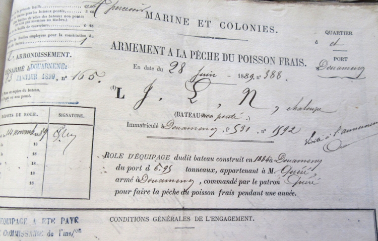 Extrait du registre d’armement de la chaloupe J.L.N. en 1889.