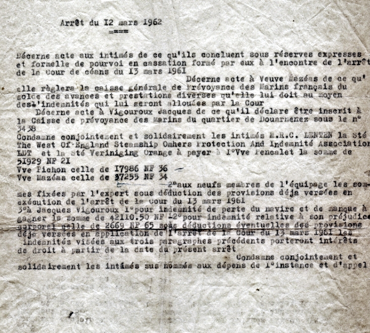 Source : Collection personnelle de Gérard Mens.  Arrêt du Tribunal de Quimper du 12 mars 1962.