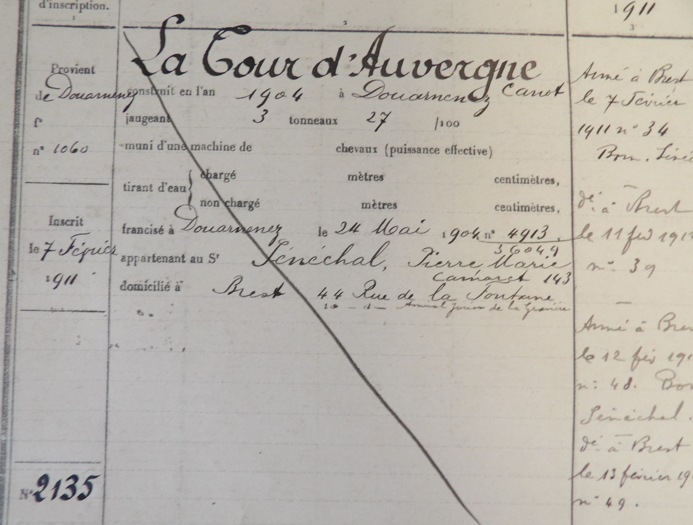 DZ1060 devient BR2135 LA TOUR D'AUVERGNE. Transmis par Audierne Bateaux