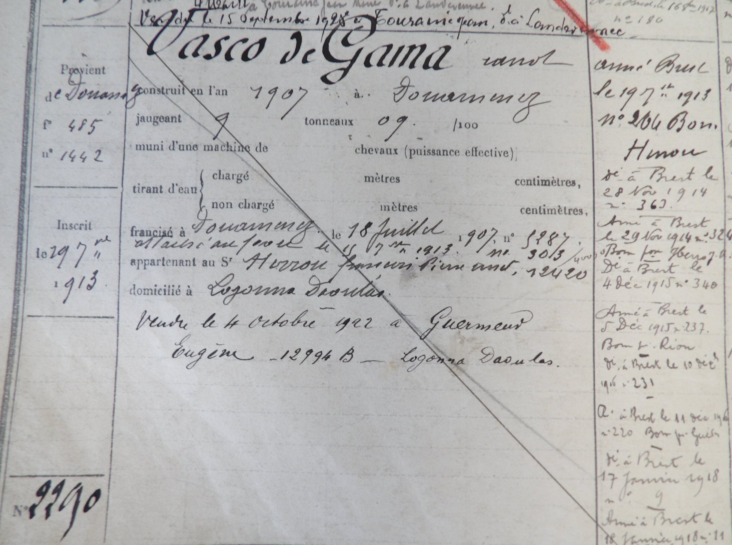 DZ1442 devient BR2290 VASCO DE GAMA. Transmis par Audierne Bateaux