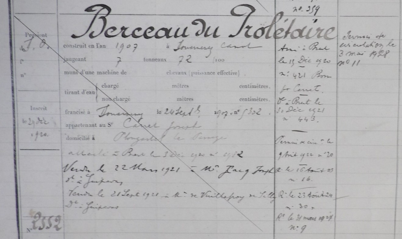 DZ1458 devient BR2552 BERCEAU DU PROLETAIRE. Transmis par Audierne Bateaux