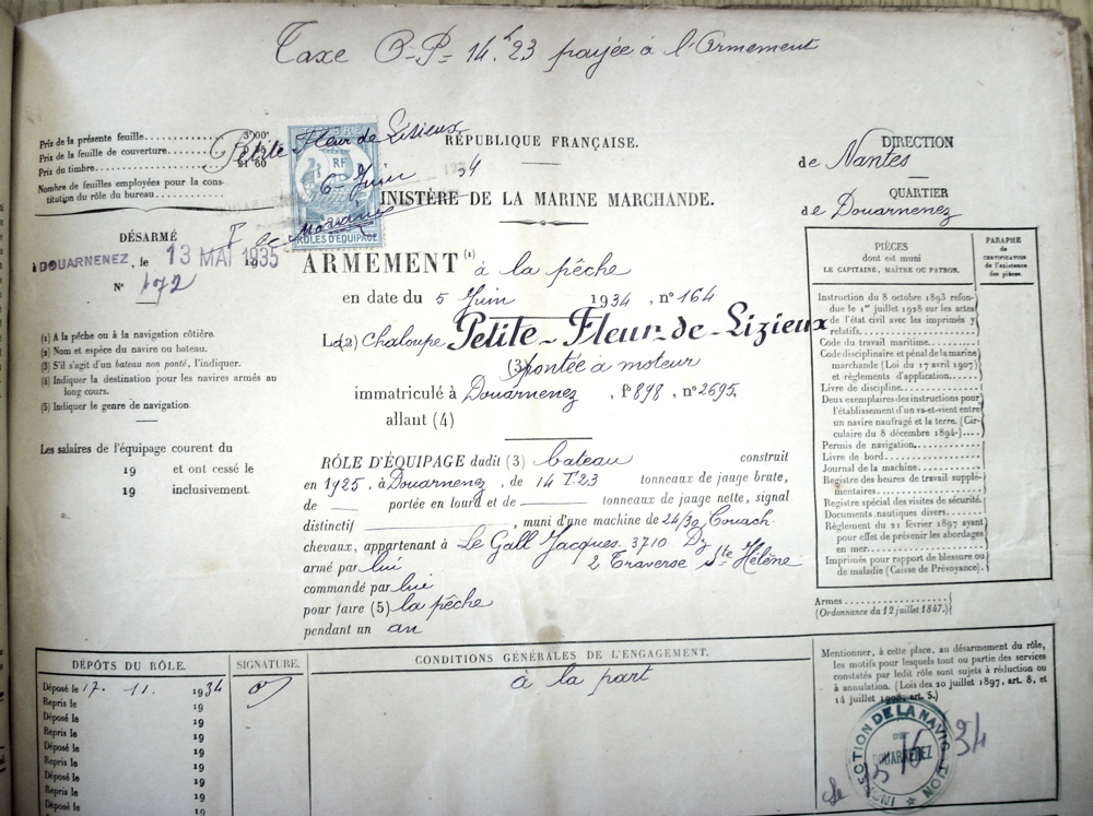 Source : Document communiqué par Jean-Claude Bourdon.Un role d'équipage de la Petite Fleur de Lisieux, en 1934.