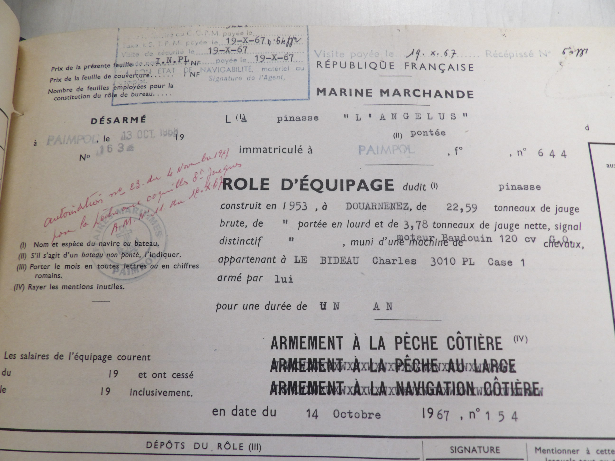 DZ3856 devient PL644 L'ANGELUS Registre d'armement 1968. Transmis par Audierne Bateaux