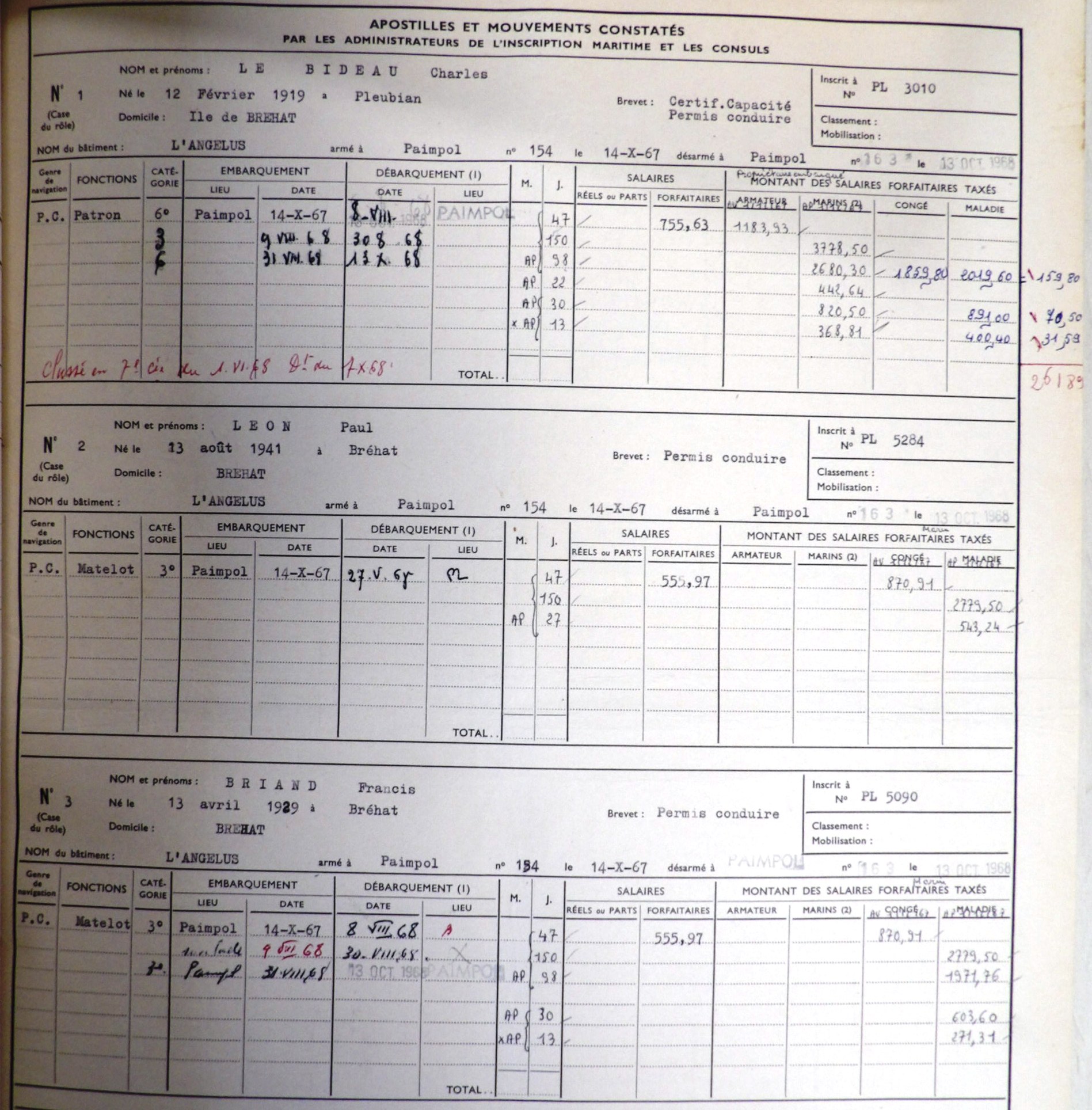 DZ3856 devient PL644 L'ANGELUS Registre d'armement 1968. Transmis par Audierne Bateaux