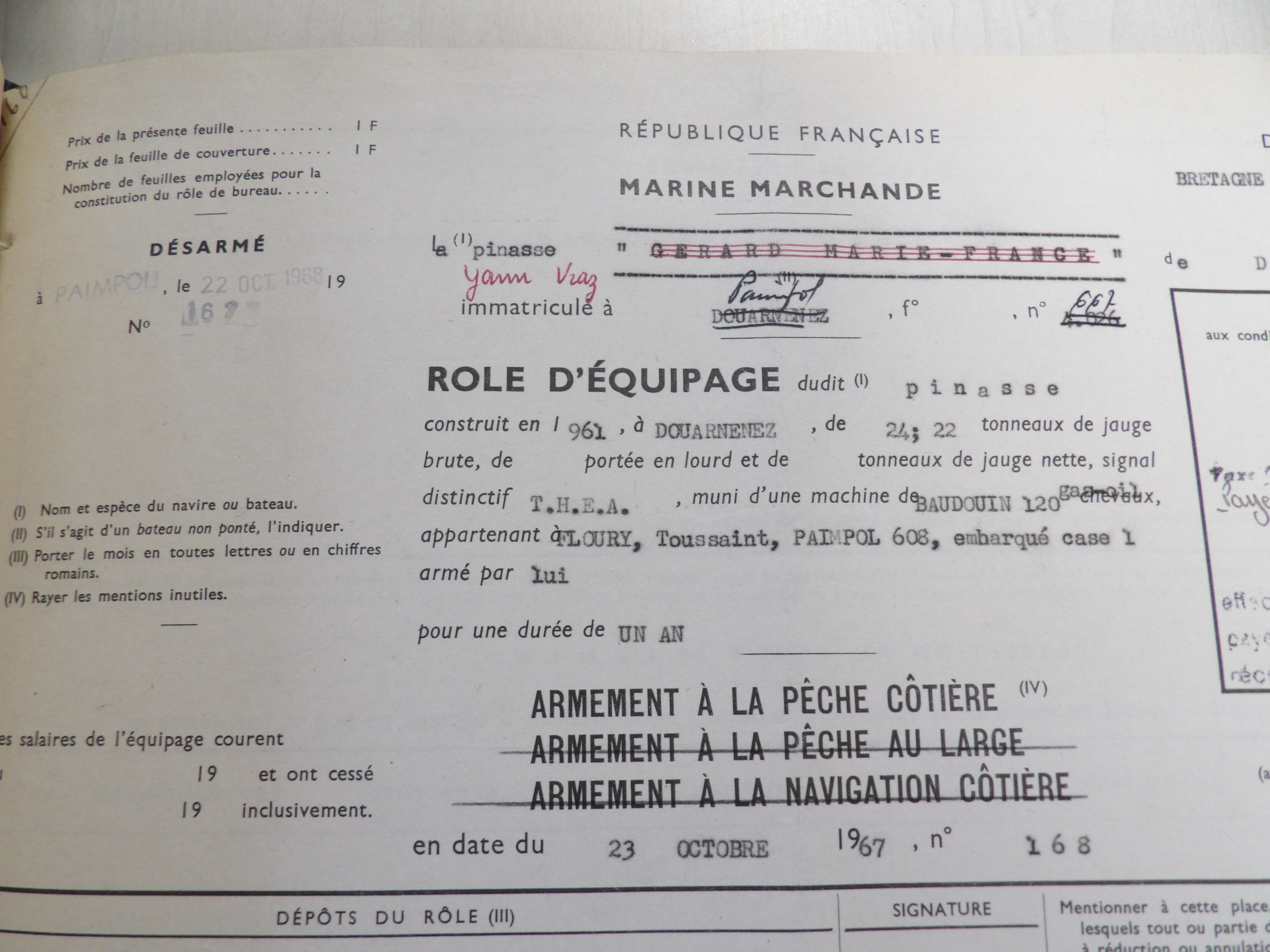 DZ4026 Gérard et Marie France devient PL667 YANN VRAZ. Registre d'armement 1968 transmis par Audierne Bateaux