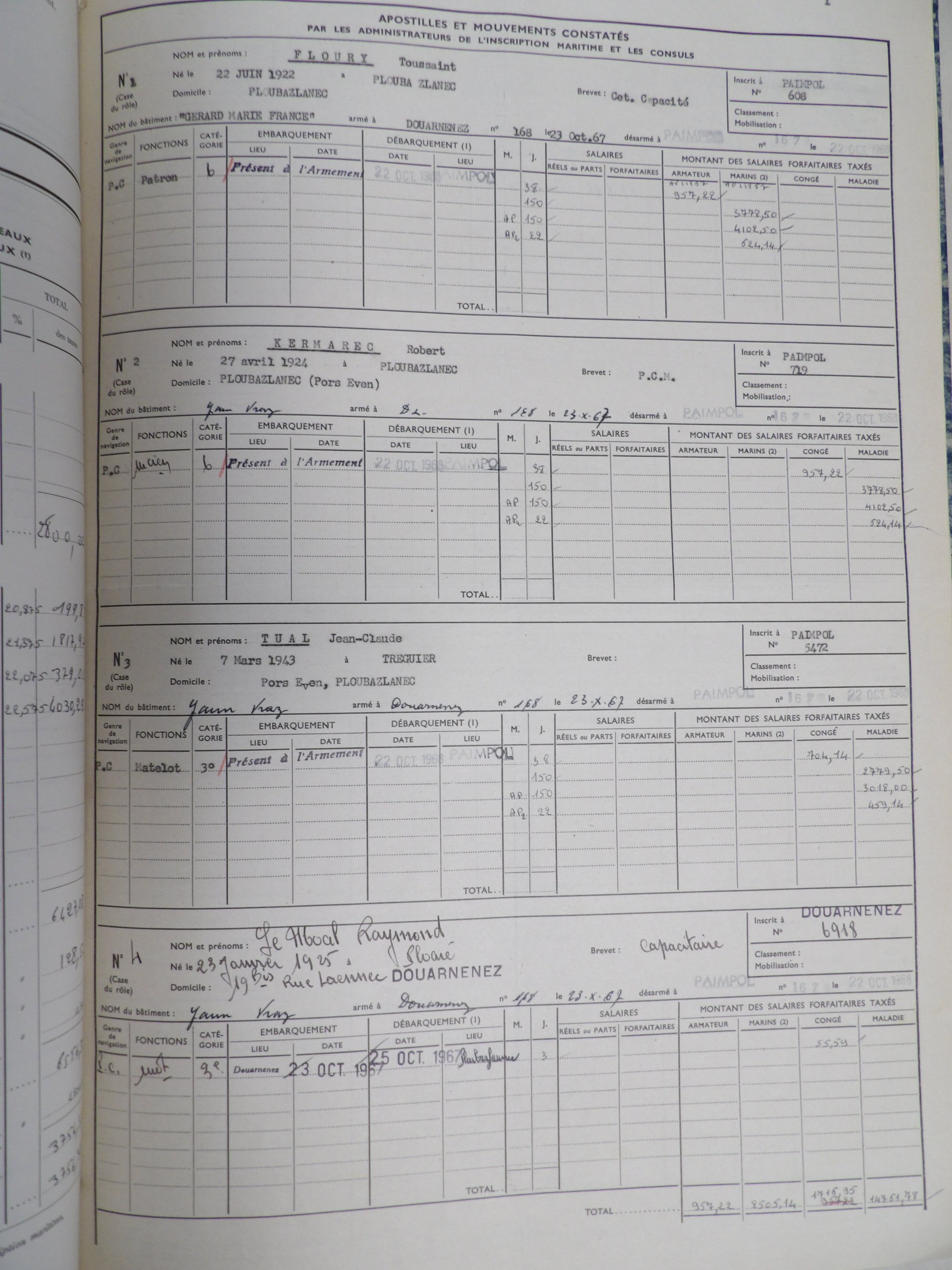 DZ4026 Gérard et Marie France devient PL667 YANN VRAZ. Registre d'armement 1968 transmis par Audierne Bateaux