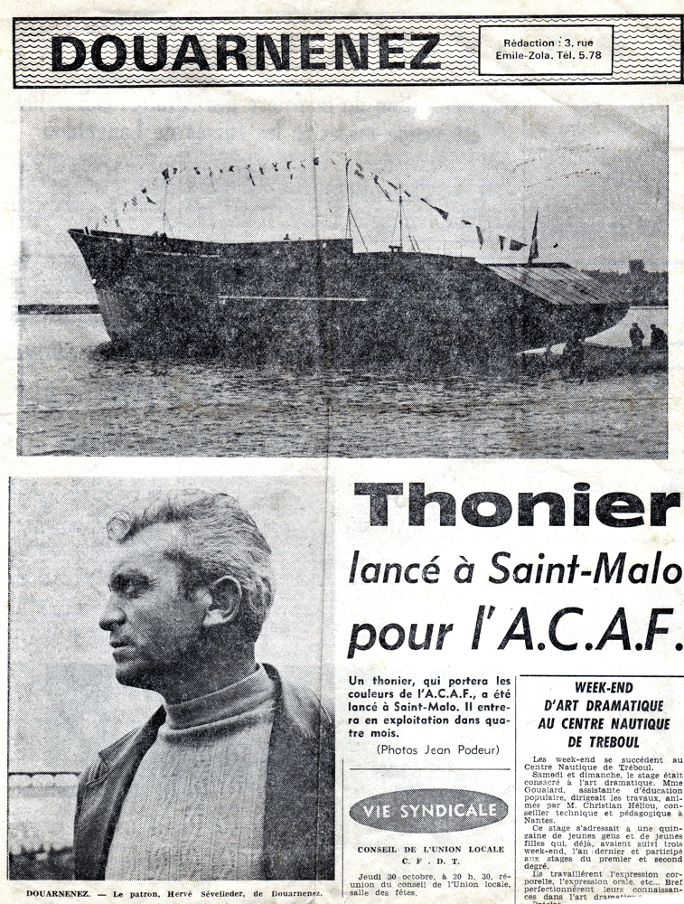Source : Collection famille Sévéléder.Extrait du Télégramme de Brest : le lancement et le patron (1970)