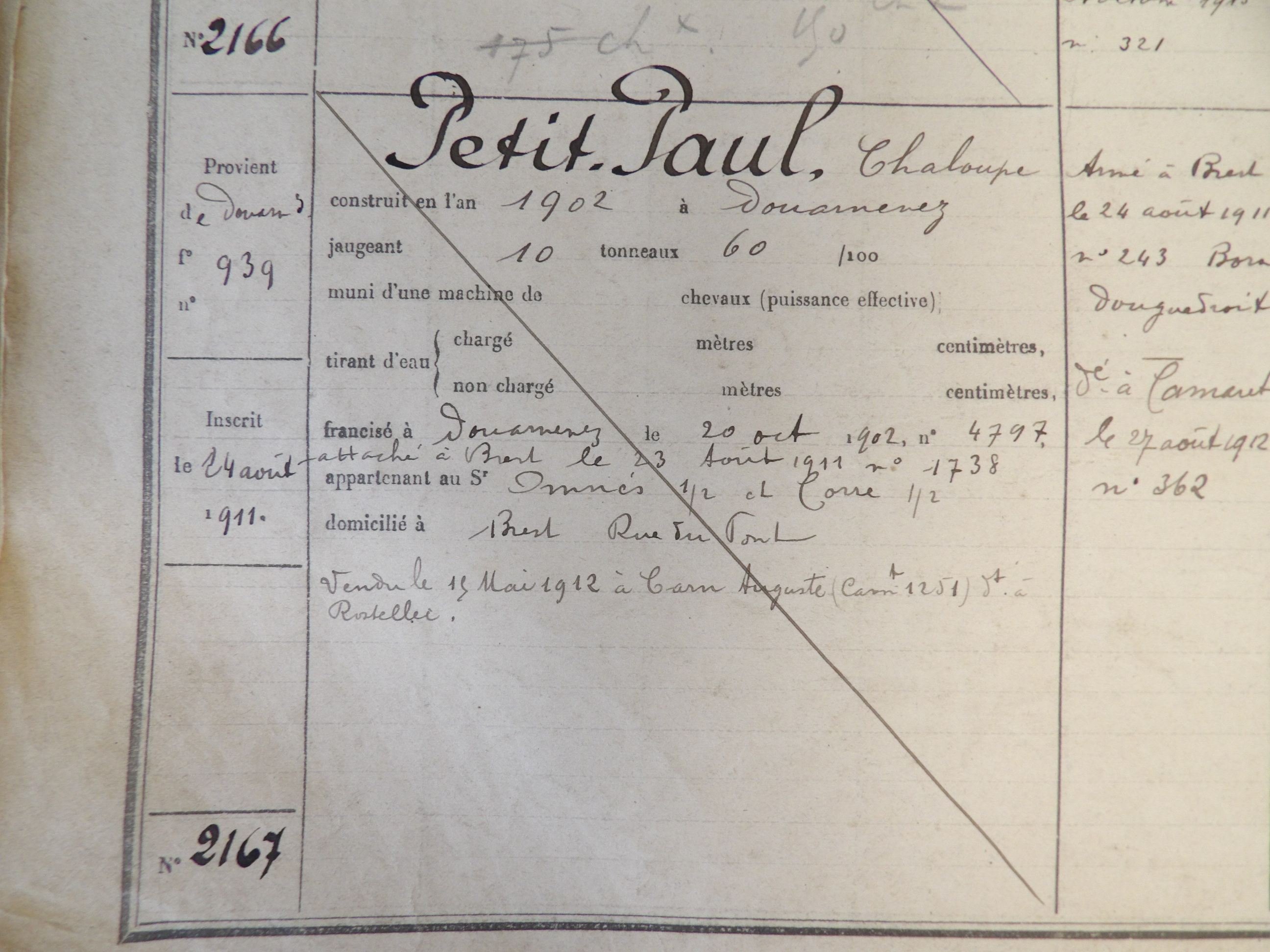 DZ939 devient BR2167 PETIT PAUL. Transmis par Audierne Bateaux