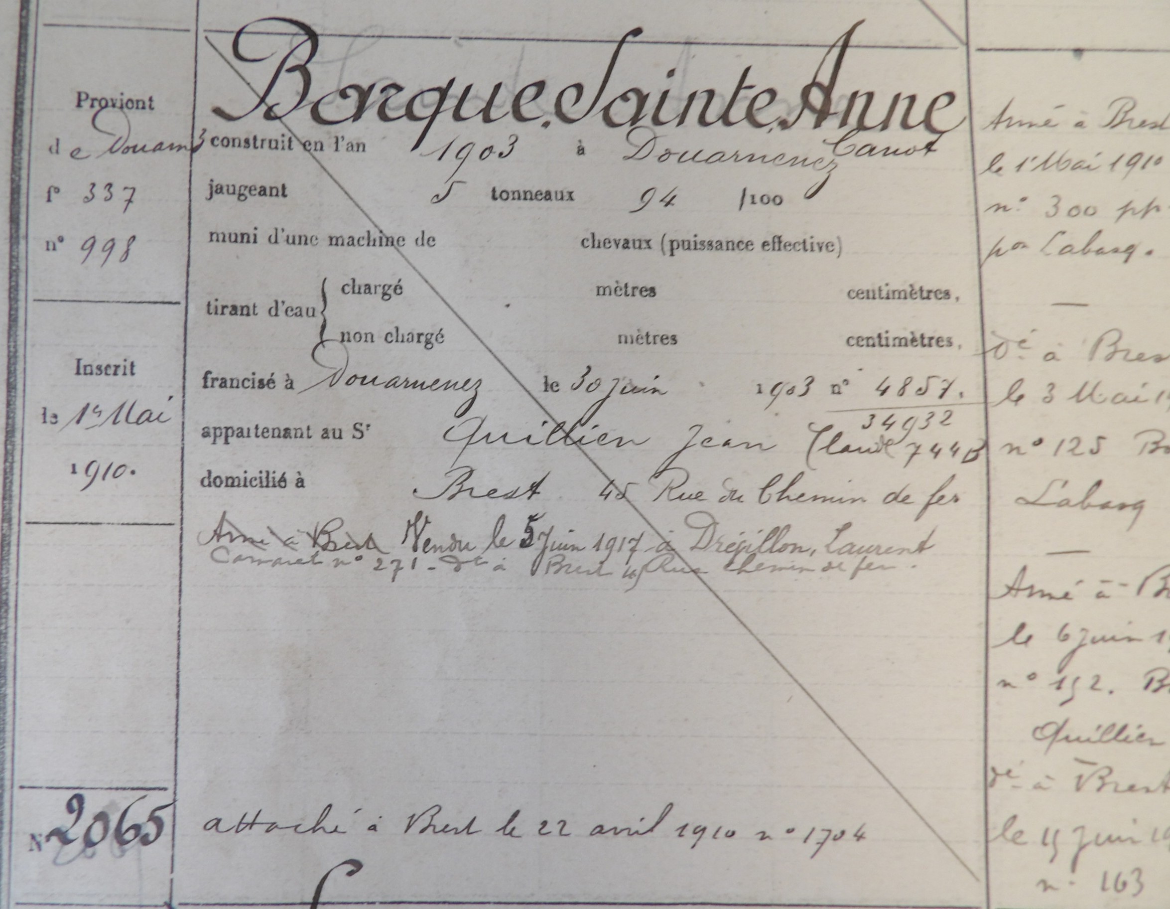 DZ998 devient BR2065 BARQUE DE SAINTE ANNE. Transmis par Audierne Bateaux