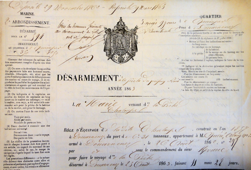 Source : Service Historique de la Marine, Brest, communiqué par Maryvonne Gilles.Rôle de désarmement de 1863.