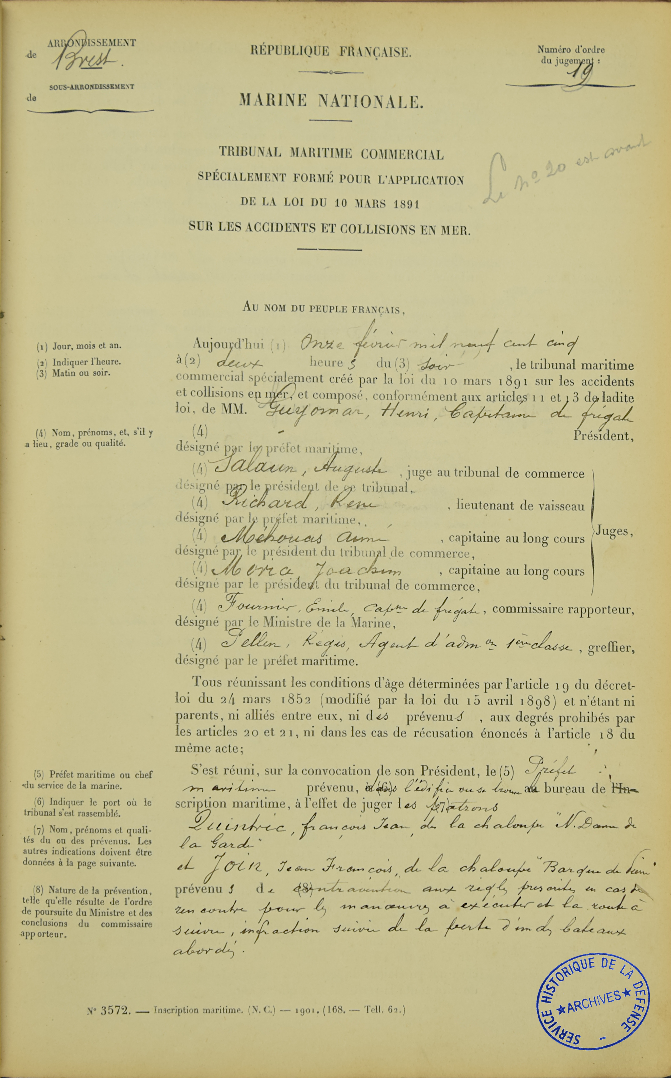 Source : Service Historique de la Défense Brest - Jugement du Tribunal maritime commercial de Brest du 11 février 1905 - Communiqué par Jacques Join