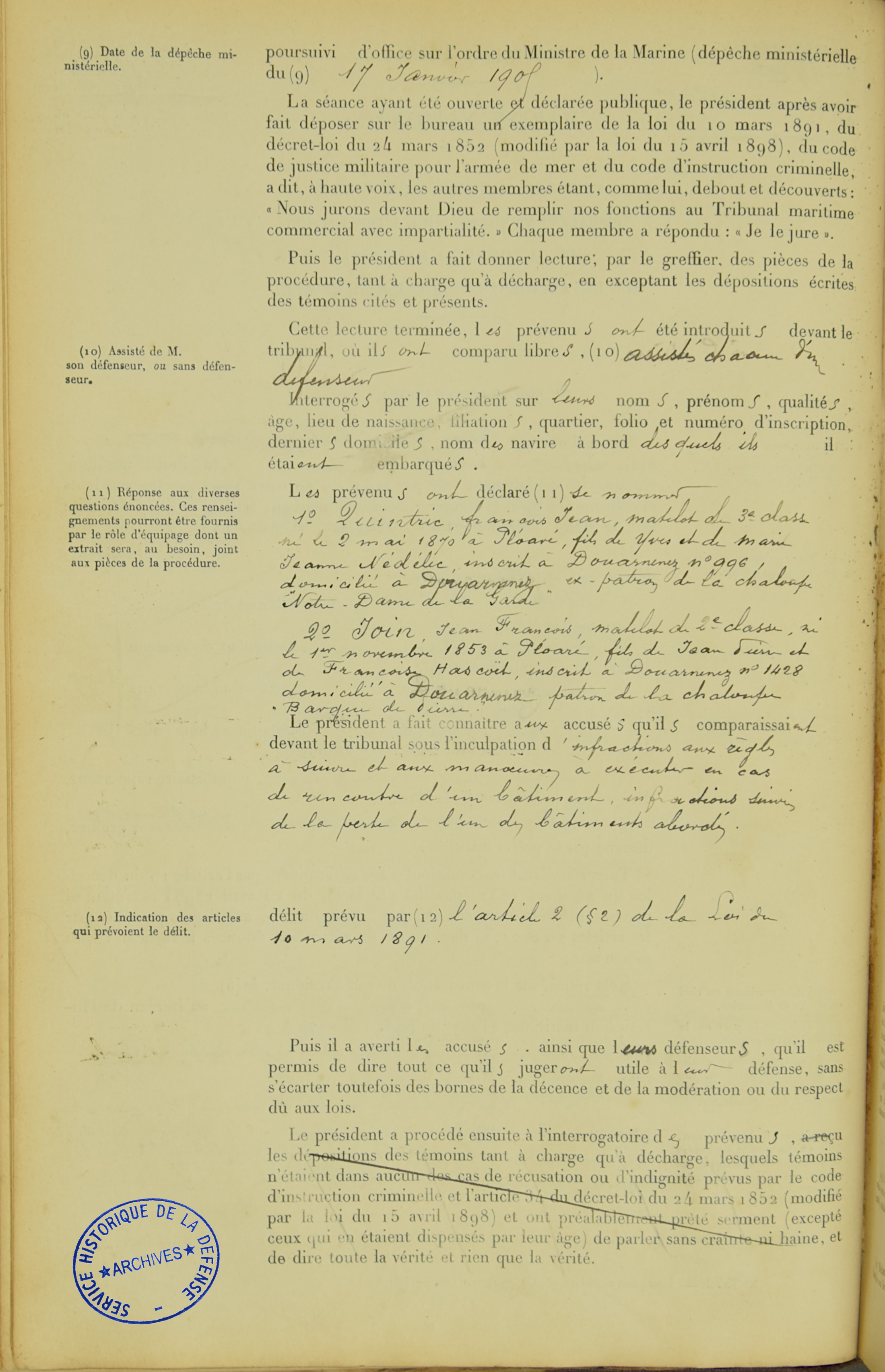 Source : Service Historique de la Défense Brest - Jugement du Tribunal maritime commercial de Brest du 11 février 1905 - Communiqué par Jacques Join