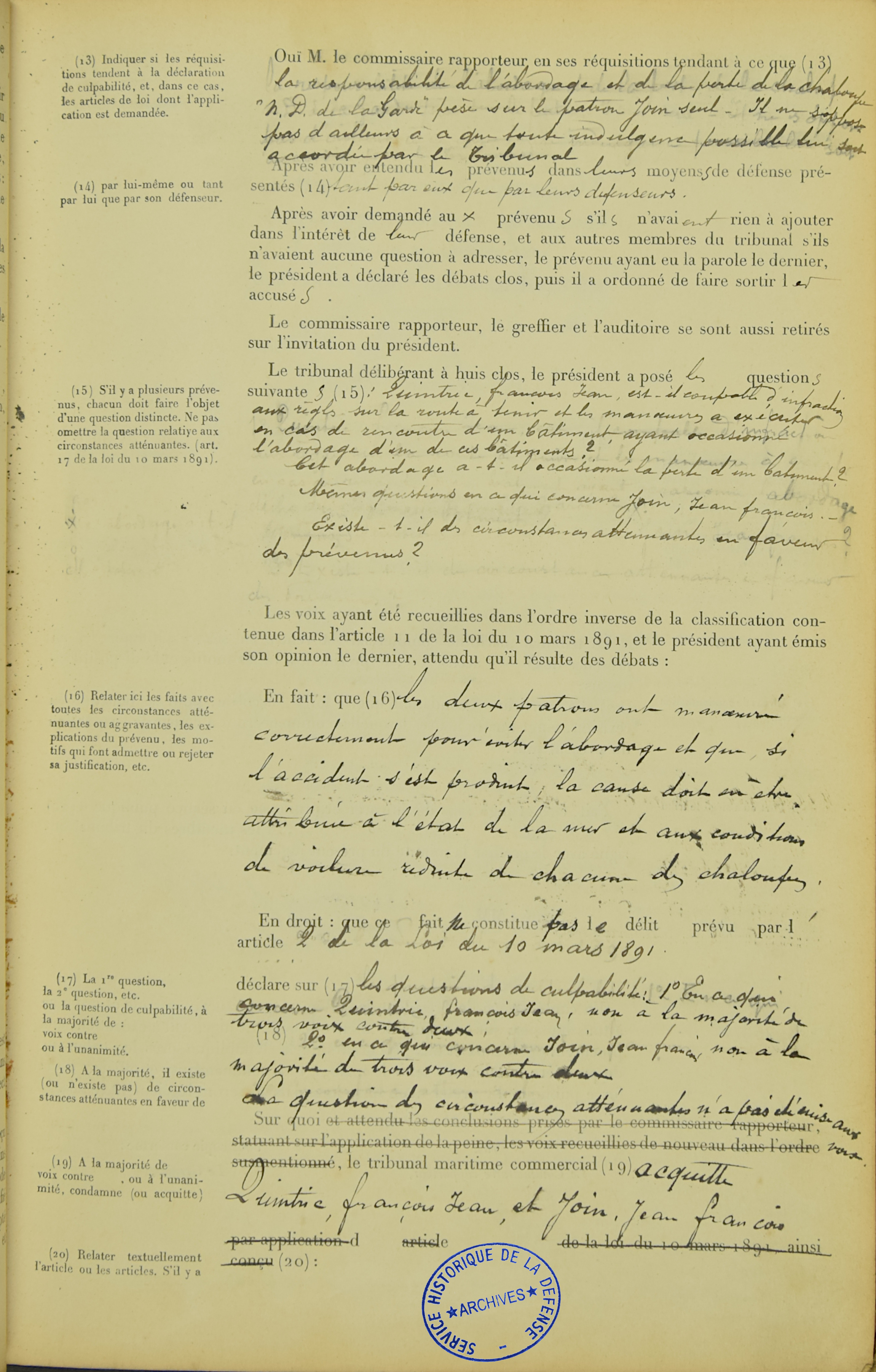 Source : Service Historique de la Défense Brest - Jugement du Tribunal maritime commercial de Brest du 11 février 1905 - Communiqué par Jacques Join