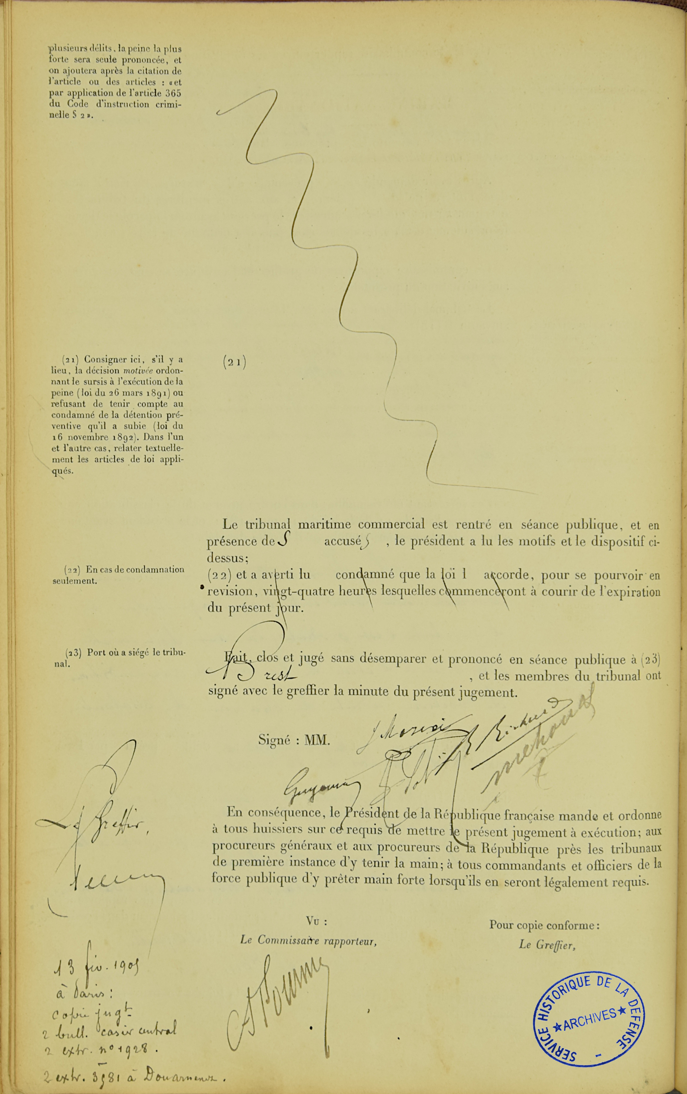 Source : Service Historique de la Défense Brest - Jugement du Tribunal maritime commercial de Brest du 11 février 1905 - Communiqué par Jacques Join